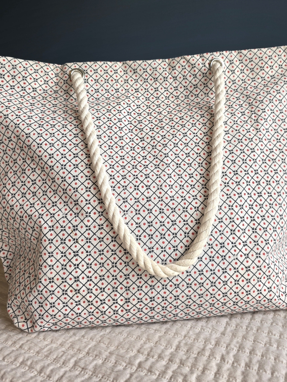 Vera Neumann Cream Patterned Canvas Tote with Rope Handles